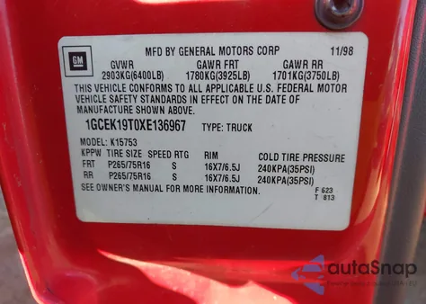 1999 Chevrolet Silverado 1500 Ls from USA, damaged, VIN 1GCEK19T0XE136967